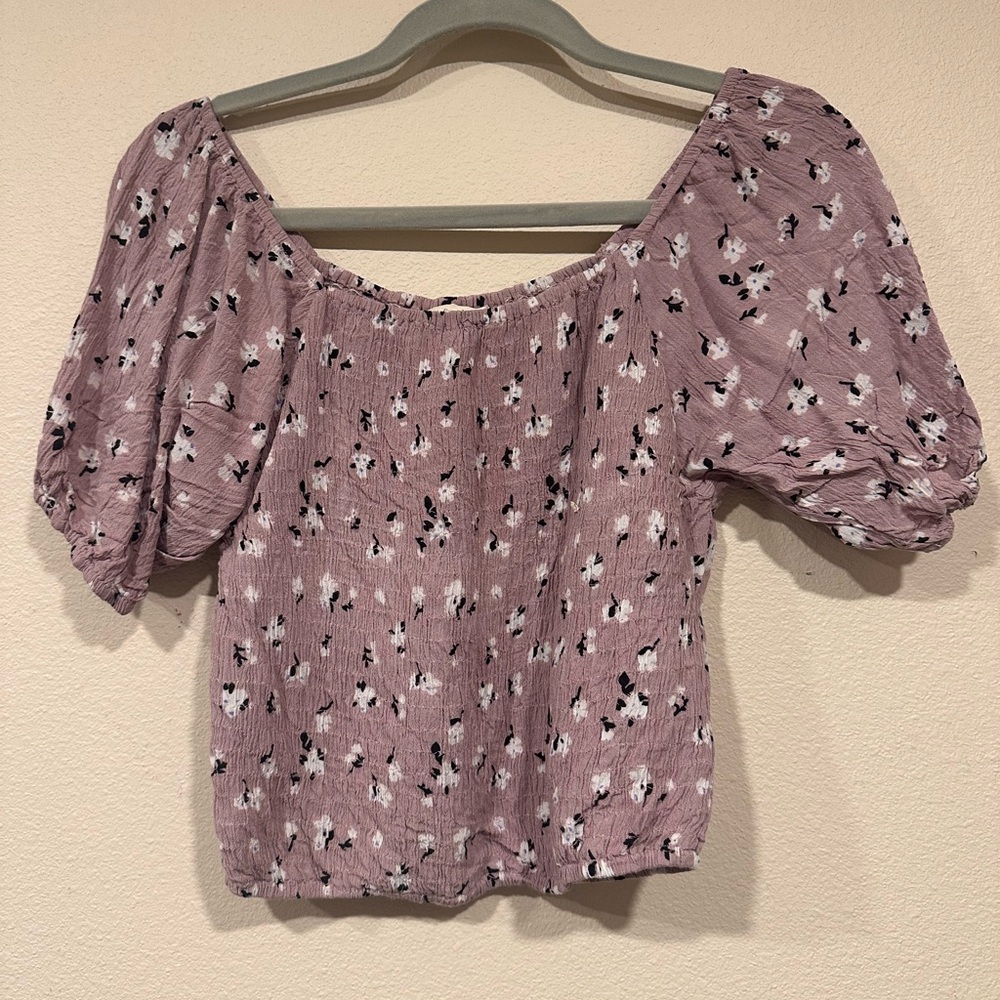 Purple Ruffled Puff Sleeve Smocked Blouse